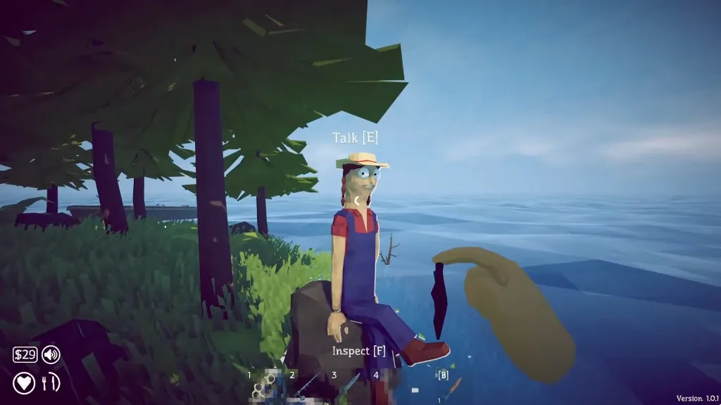 The leech quest NPC sitting by the water on the second island in How to Fish with a Talk prompt