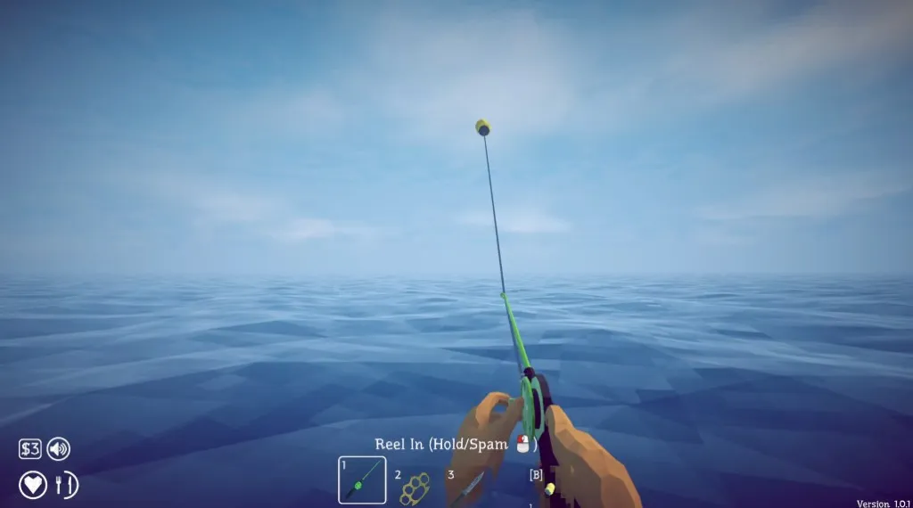 Ordinary rod fishing on open water in How to Fish with the Reel In prompt on screen