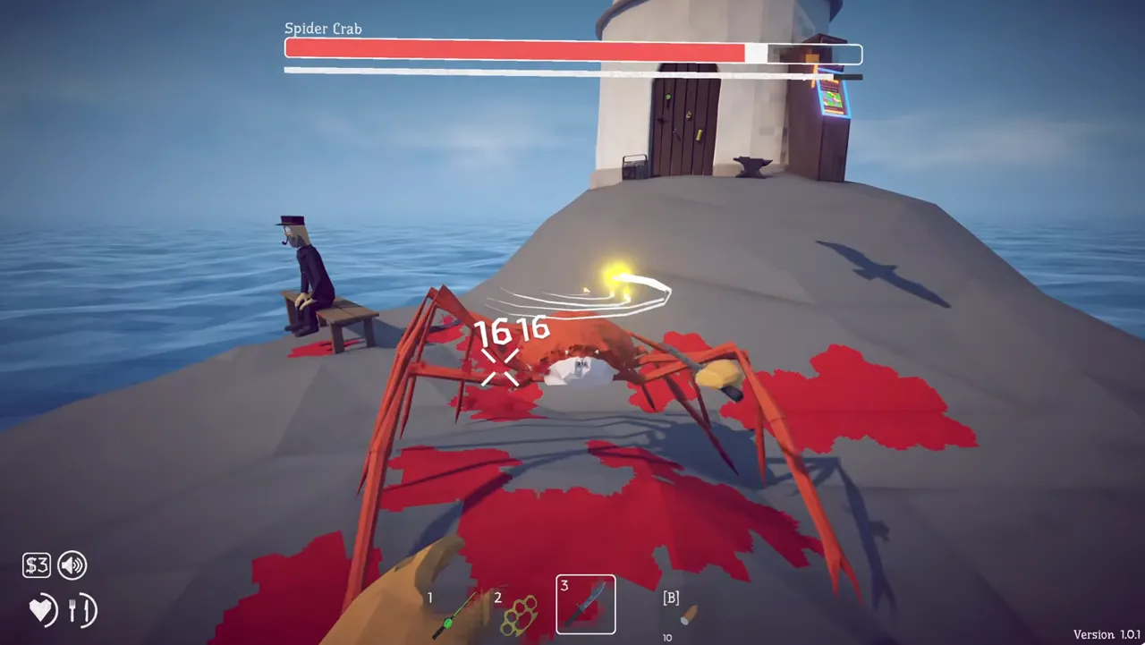 Spider Crab boss fight at the lighthouse on the first island in How to Fish, boss health bar at the top